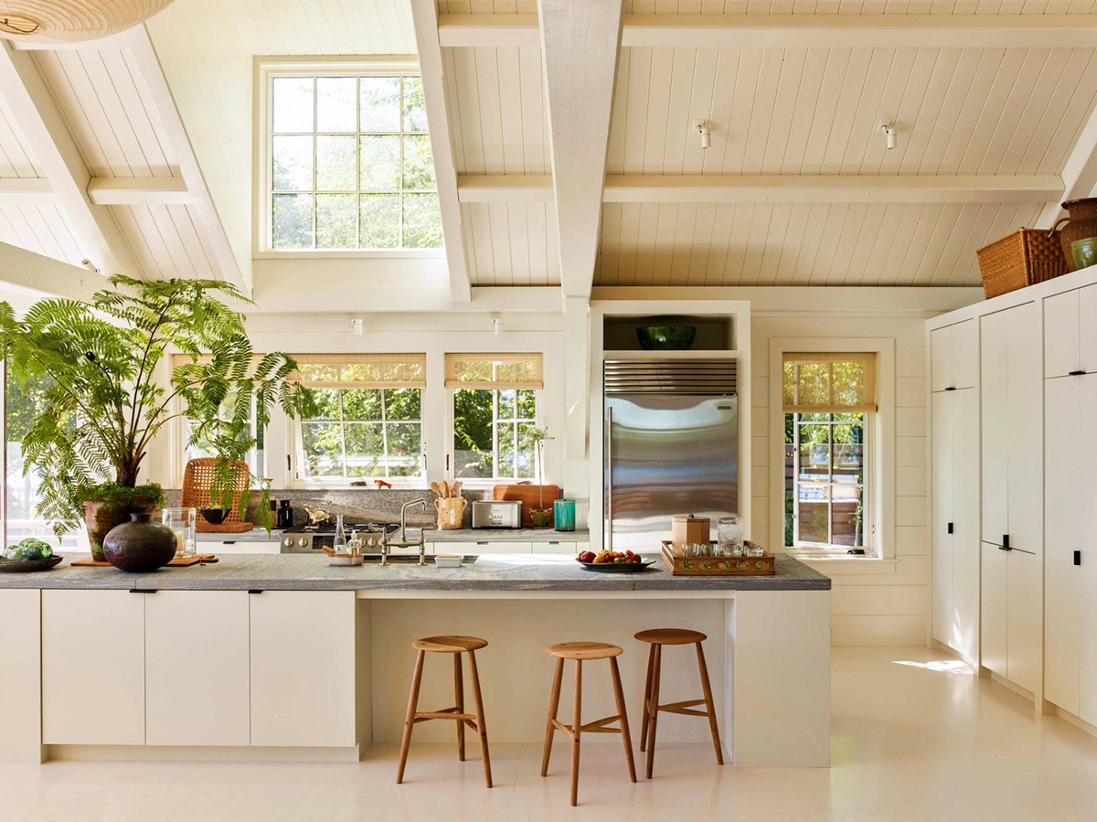 modern traditional creamy white open lofted kitchen | seaside cottage style home tour on coco kelley