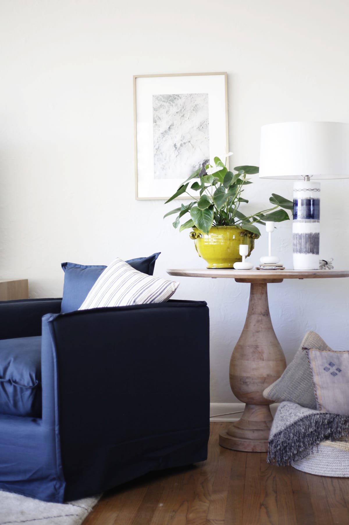 blue and white corner living room styling | coco kelley