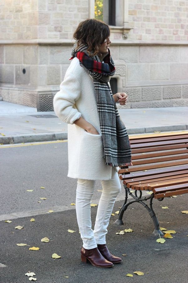 all white with a plaid scarf // winter street style via mango and salt