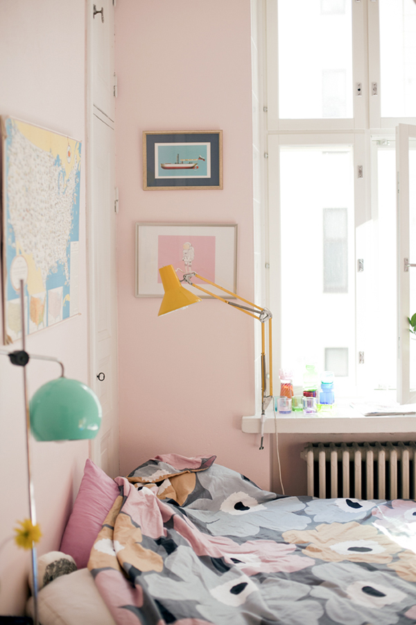 pastels and pink bedroom with marimekko print