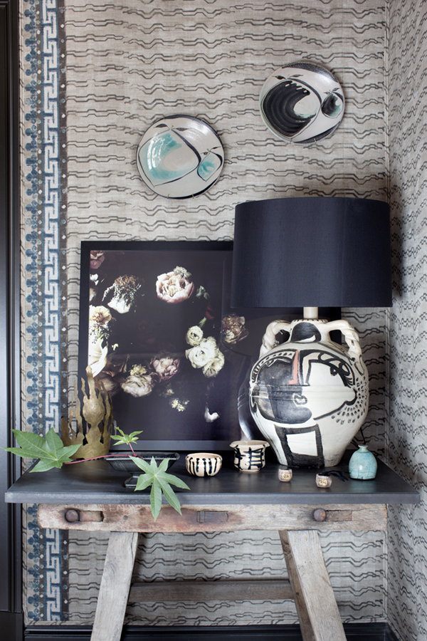 layered styling with zak + fox wallcovering dark botanicals and pottery | via coco+kelley