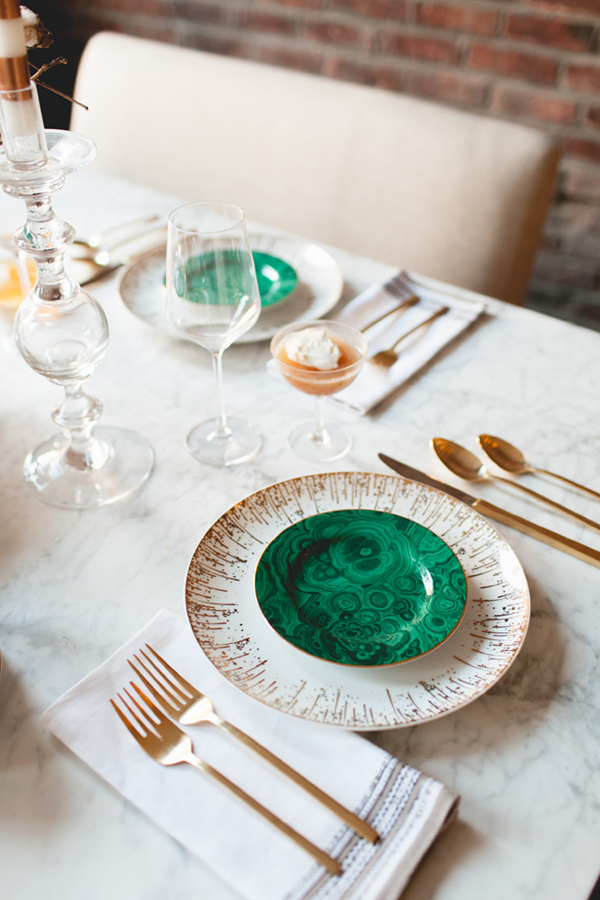 malachite + gold on a marble table. so perfectly wintery! // coco+kelley