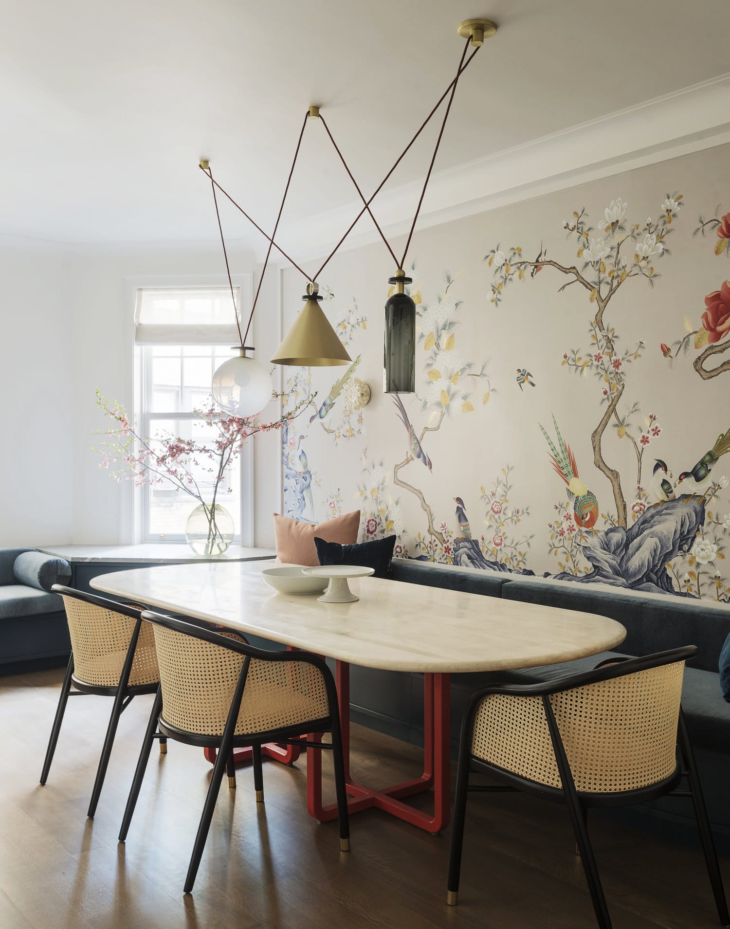fun lighting and chinoiserie wallpaper in the dining room | studio DB park avenue house tour on coco kelley
