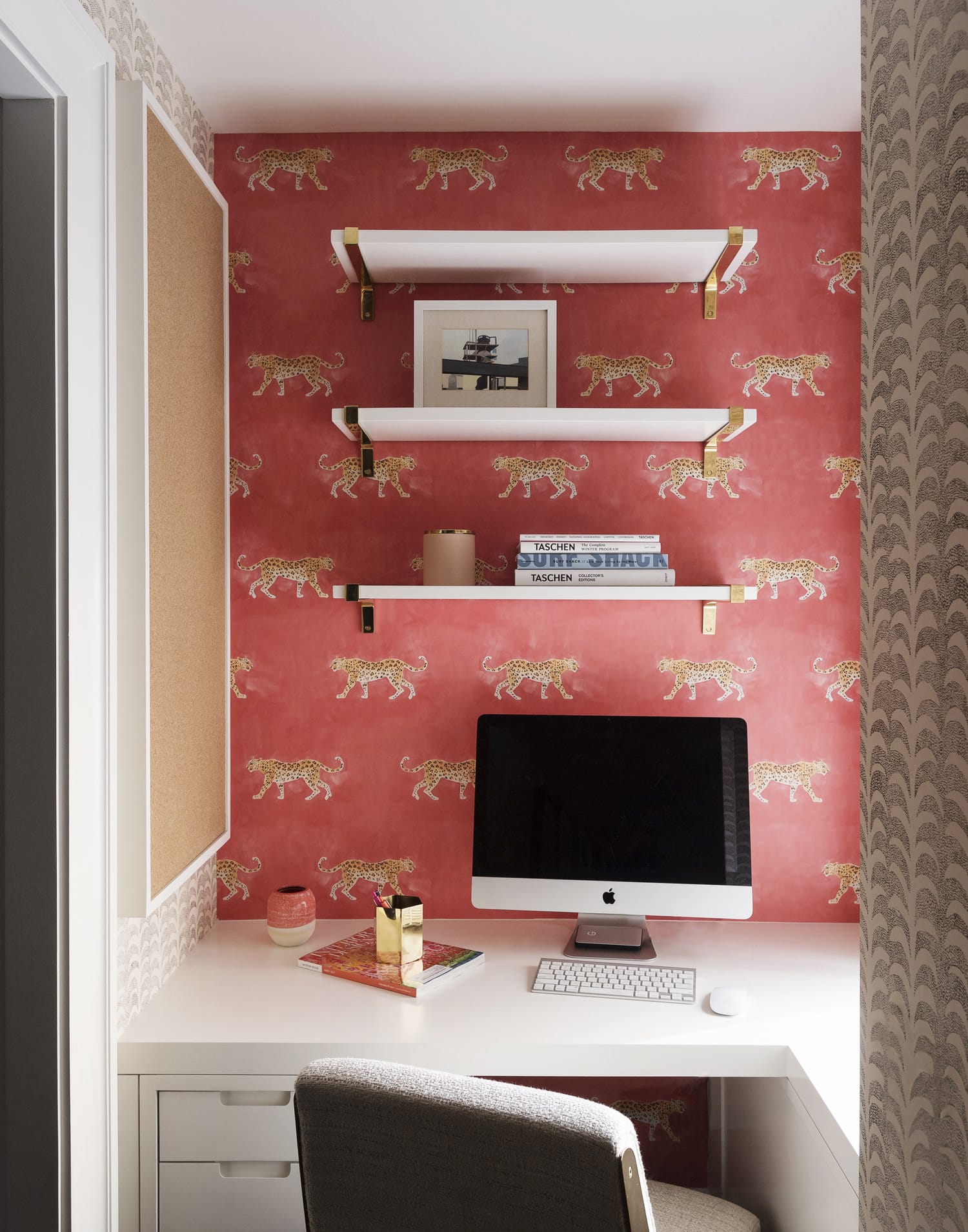 fun office nook with leopard wallpaper | coco kelley