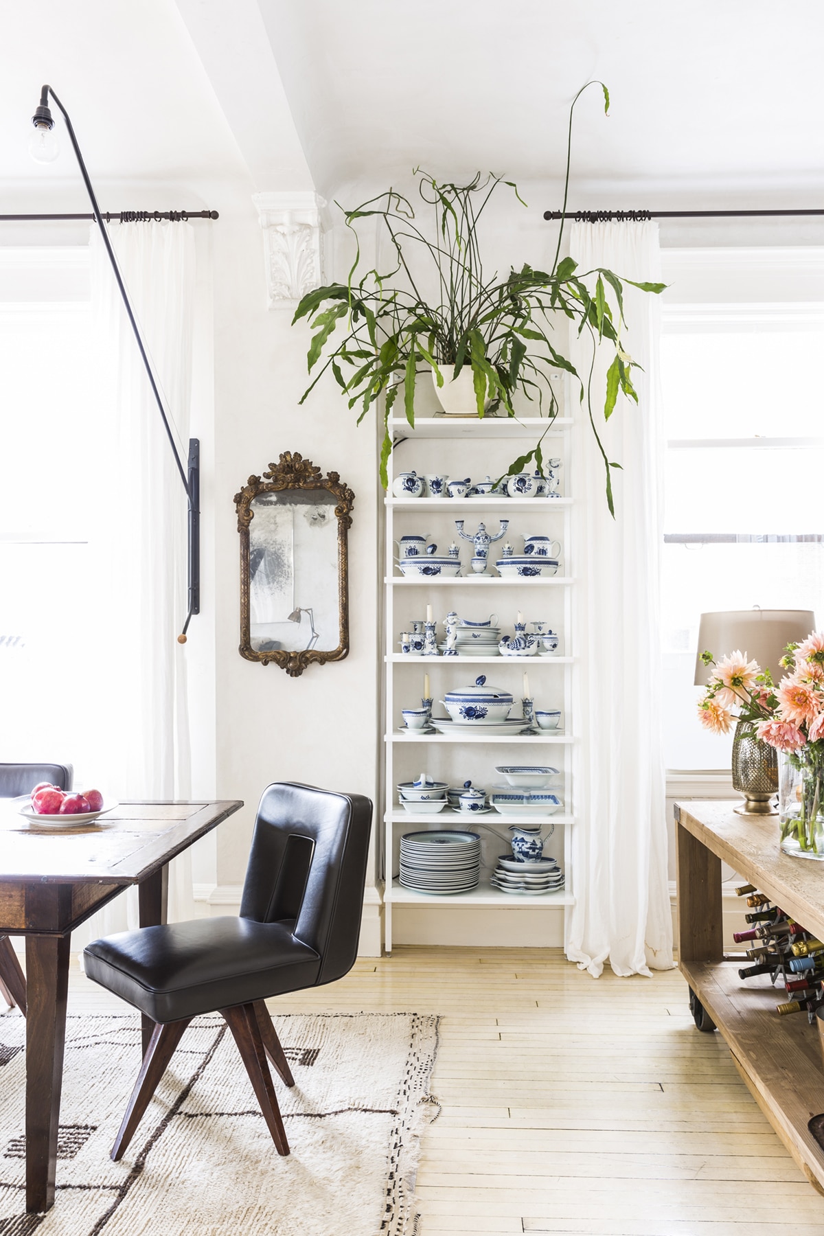 blue and white china collection display in eclectic loft | coco kelley