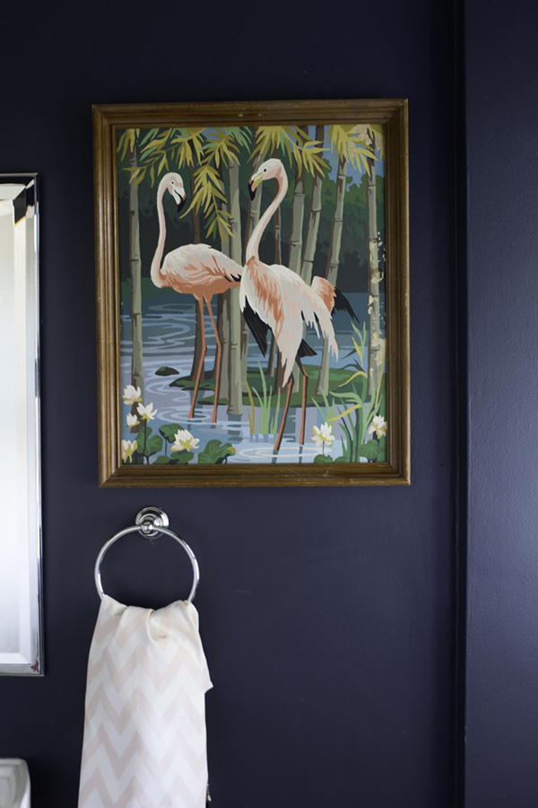 flamingo paint-by-number art in the blue bathroom | tiffany wendel house tour via coco+kelley