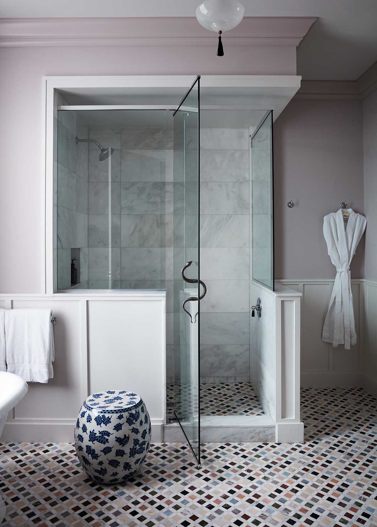 lilac walls and inlay marble floors luxury shower with snake pulls | maison de la luz
