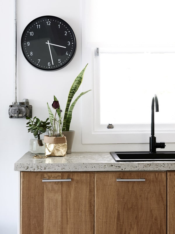 wood + white kitchen with black sink + faucet // design files