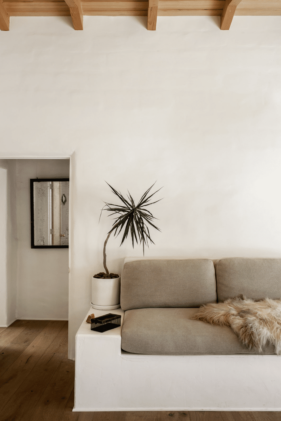 modern desert adobe house tour built in sofa