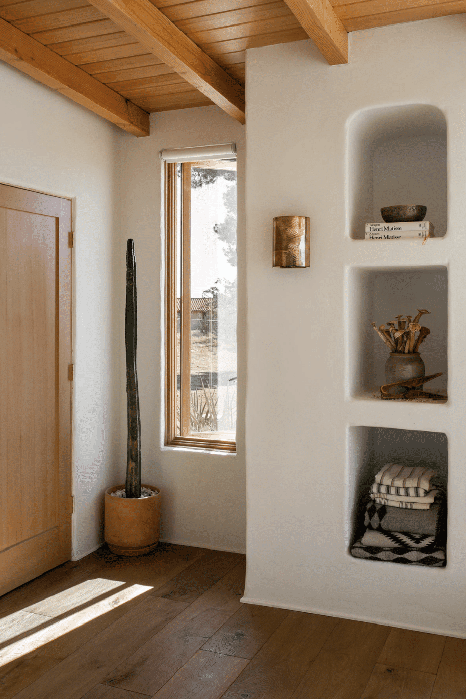 modern desert adobe house tour built in shelves