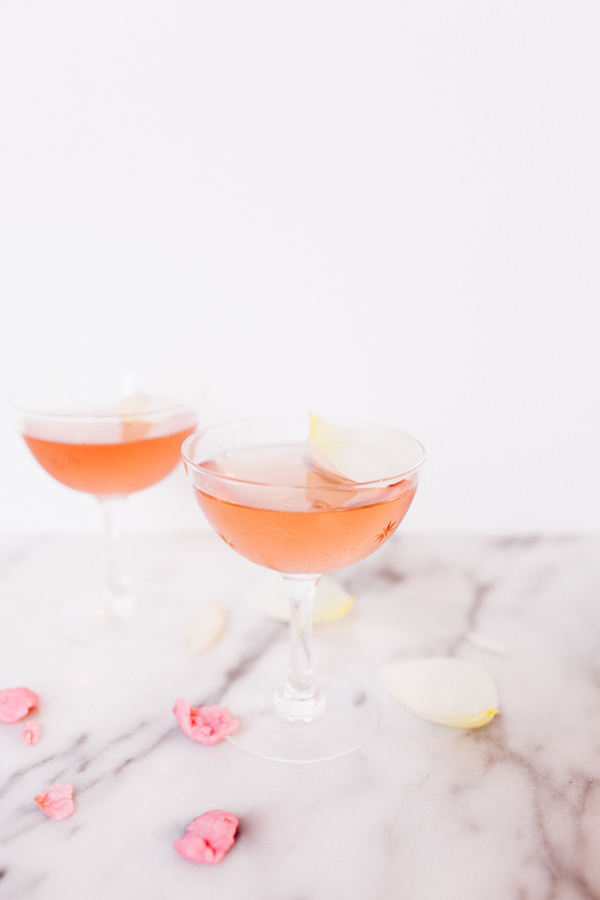 valentine's day cocktail with rose water, chambord and champagne // coco kelley