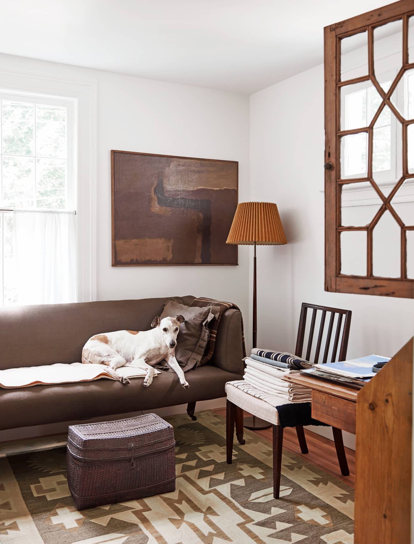 a classic connecticut cottage in white and wood-living-room-corner-coco kelley-house-tour