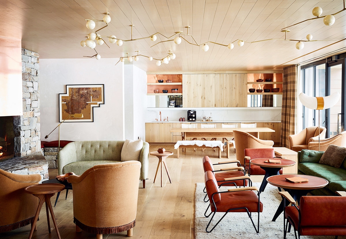 a cozy members only vintage modern lounge at Caldera House in Jackson Hole | coco kelley