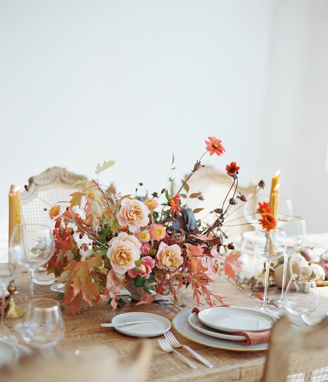 a feminine fall tabletop with happy colors and simple settings | thanksgiving table setting ideas on coco kelley