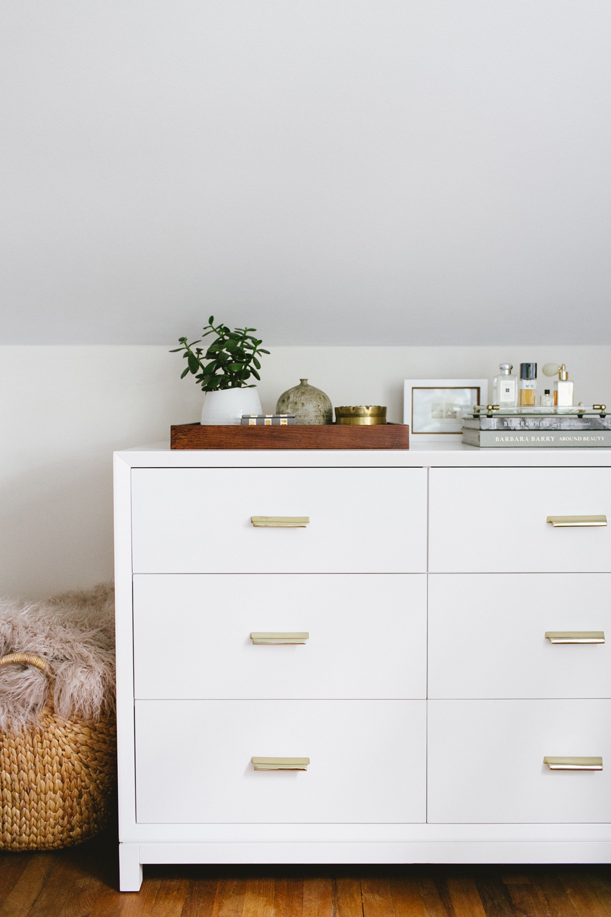 a simple dresser vignette in our attic home office and closet makeover | coco kelley