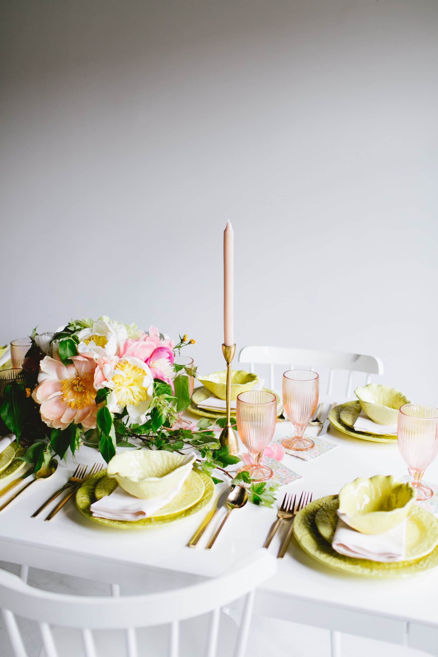 a soft romantic tabletop with vintage citron lettuceware, peonies and blush accents | coco kelley