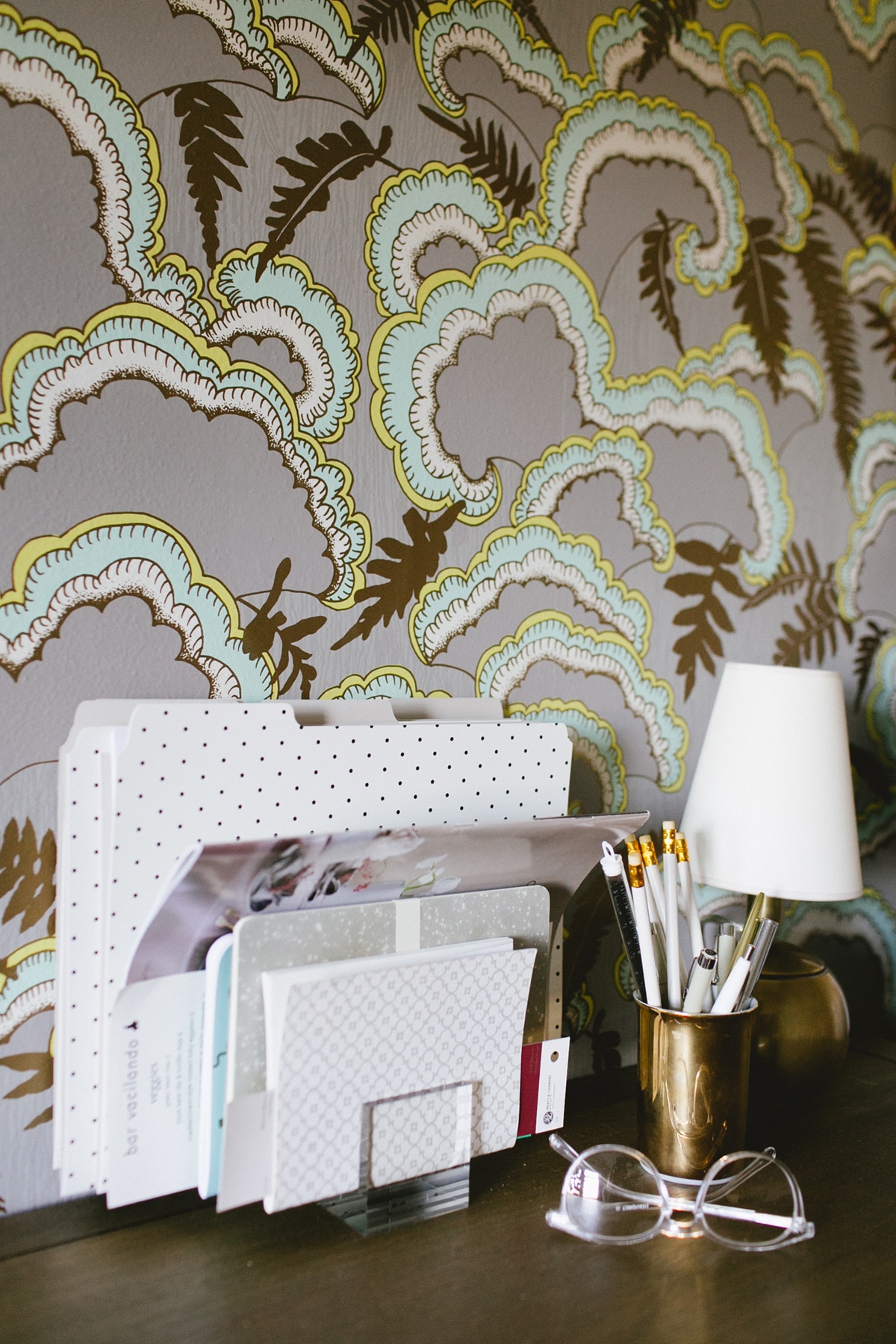 an attic office with whimsical wallpaper on coco kelley