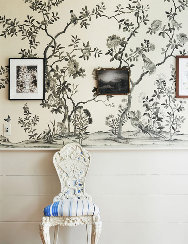 antique chair and black and white chinoiserie wallpaper - refined boheme house tour via coco kelley