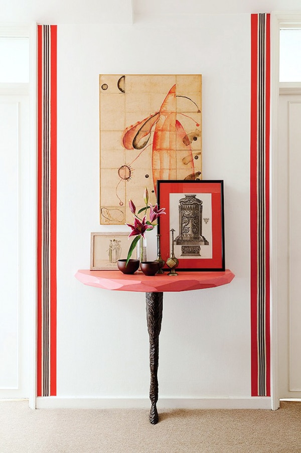 ashley hicks vignette in pink and red with stripes | via coco+kelley