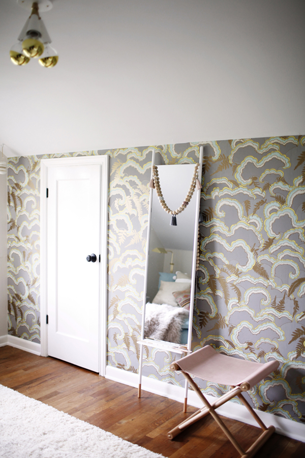 wallpaper accent wall in an attic dressing room | design by coco+kelley