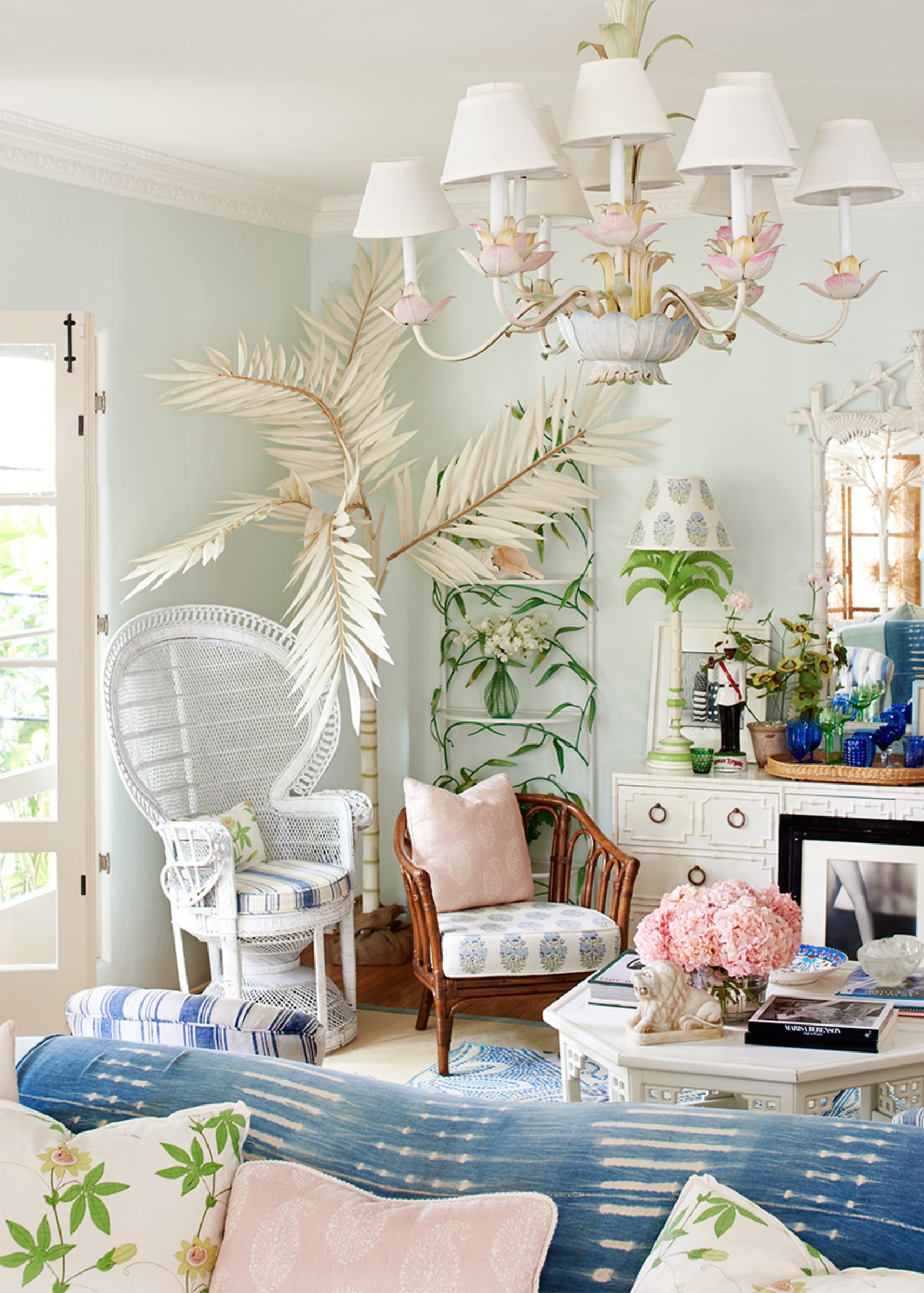 rebecca de ravenel's beach bohemian living room with preppy whimsical details| house tour on coco kelley