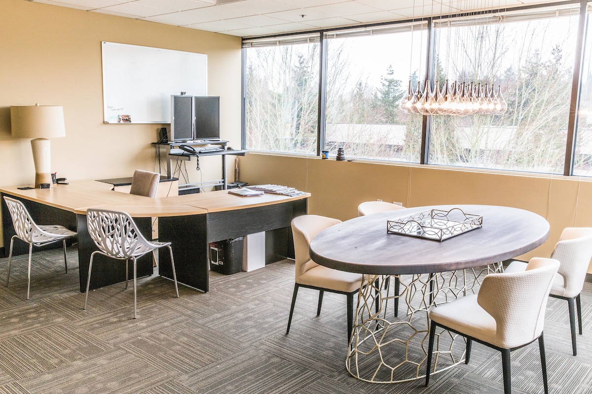 before - this corporate office was a sea of beige and mismatched styles before its makeover!