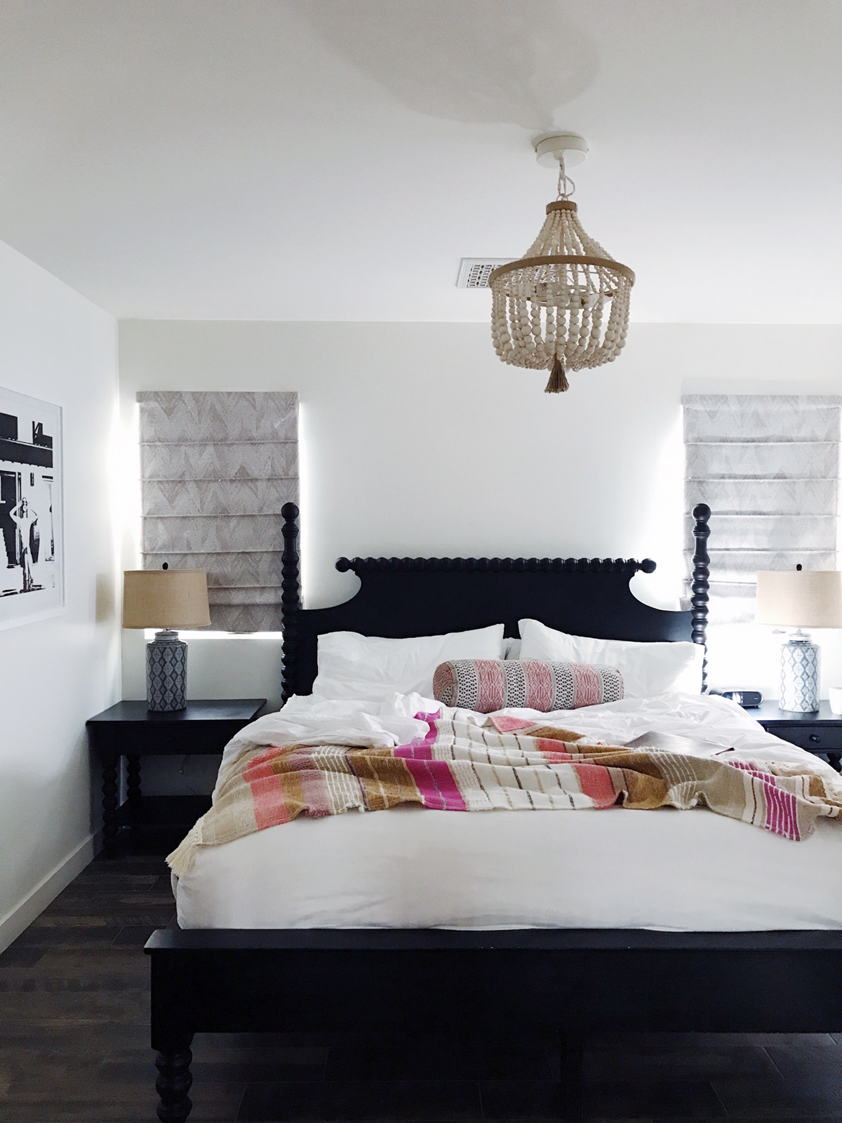 black and white bedroom with pops of color | tour of la serena villas palm springs on coco kelley
