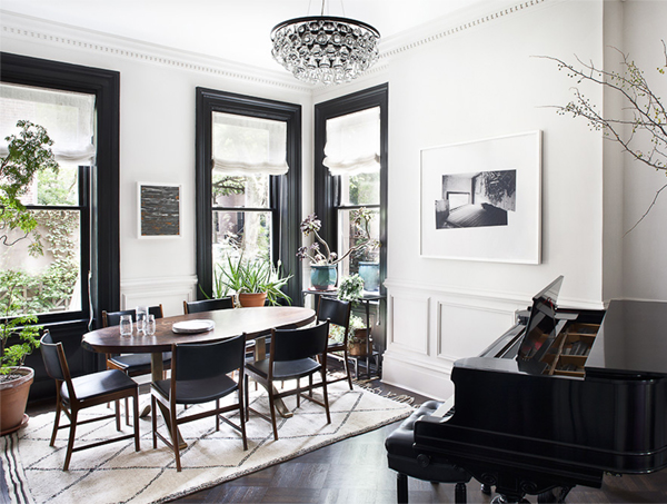 blair harris black and white dining room with piano