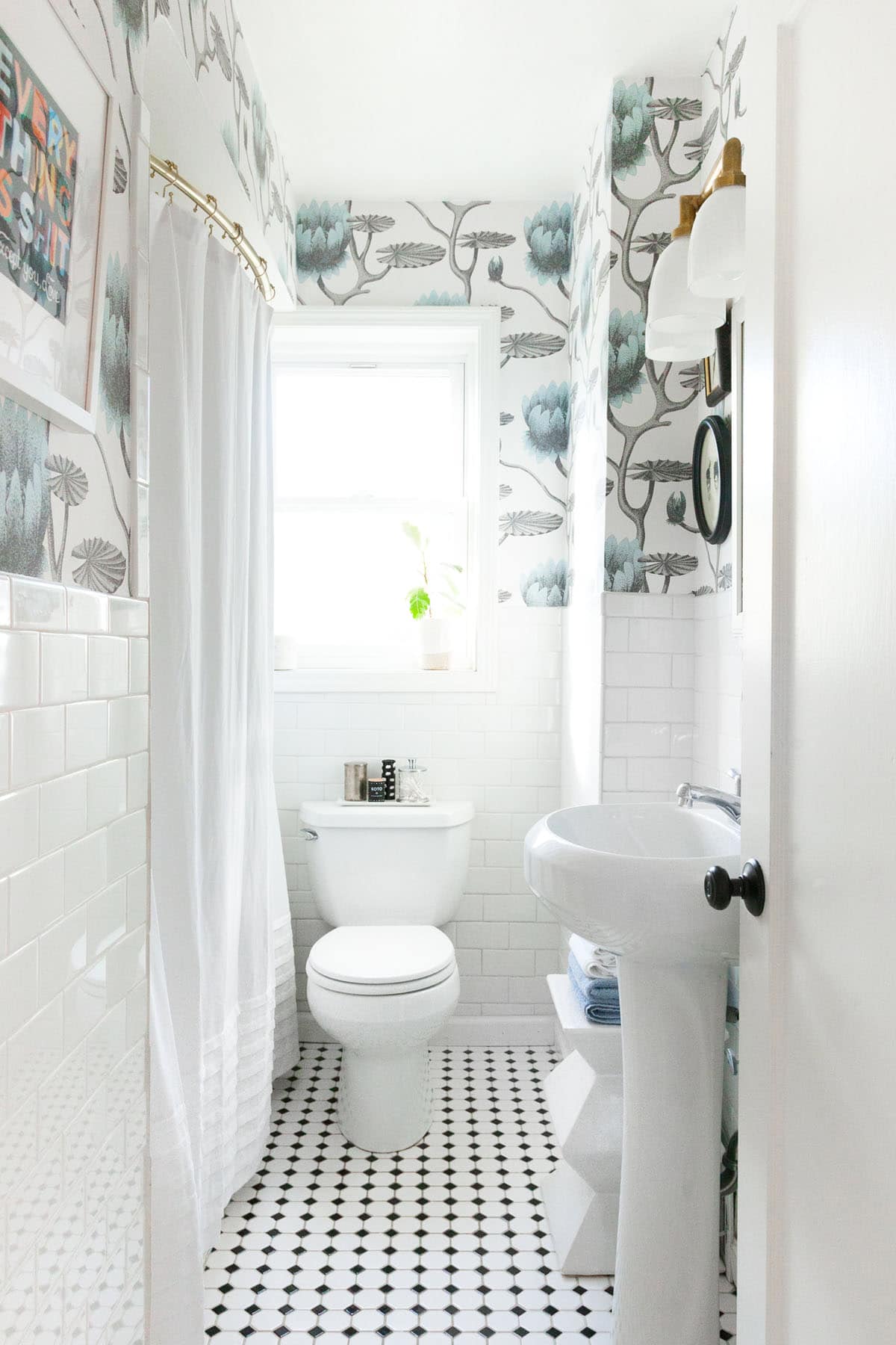 bold wallpaper and small updates make a big impact in this mini bathroom makeover | details on coco kelley