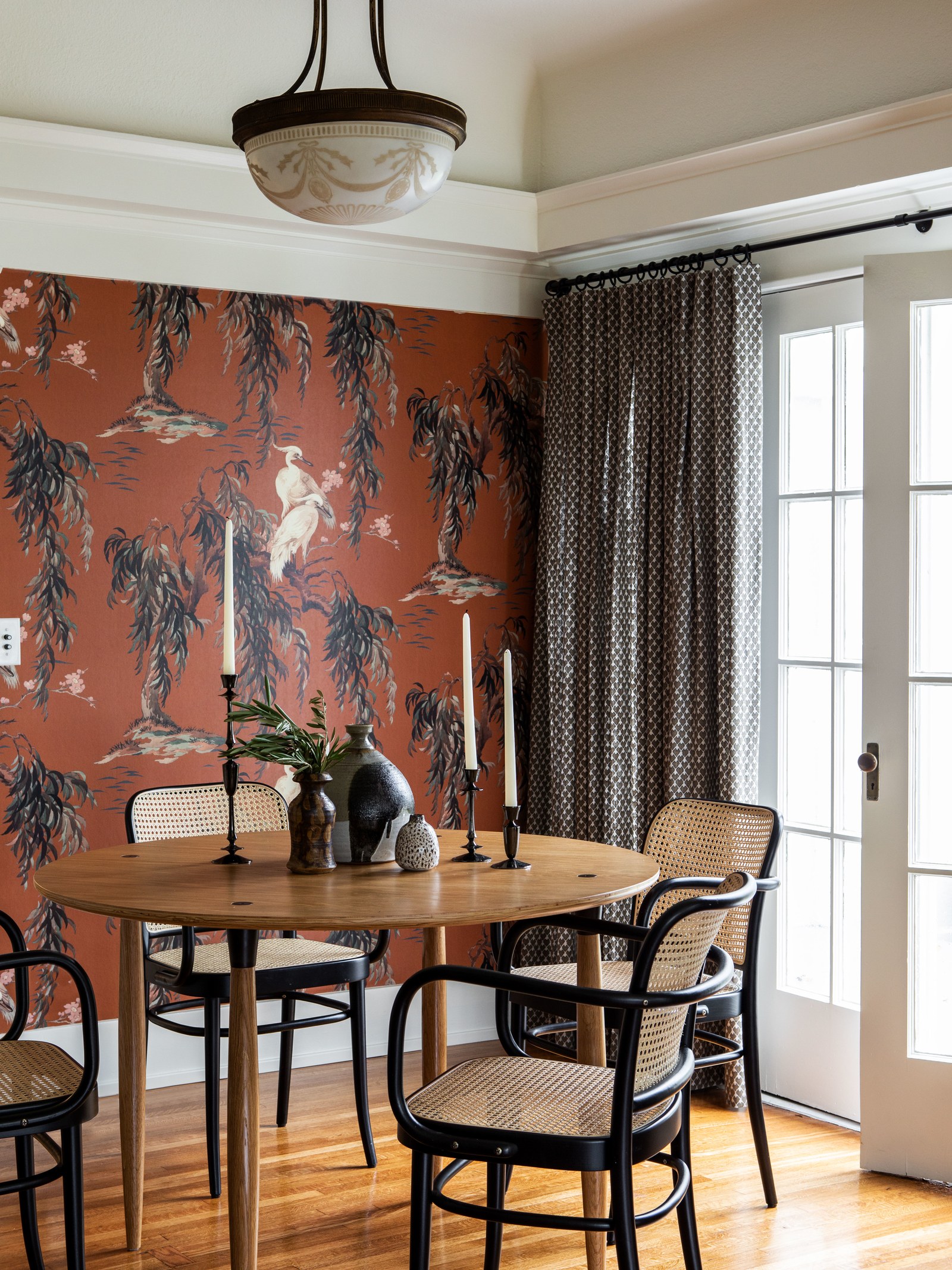 classic dining room with modern furnishings and crane wallpaper | modern historic craftsman house tour jacey duprie