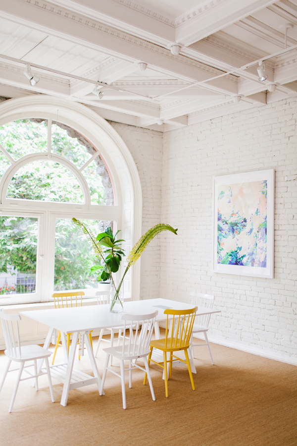 coco+kelley's all white office with oversized art and pops of yellow