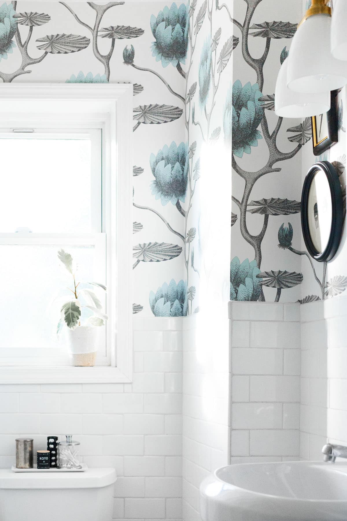 cole & son wallpaper in a small bathroom makeover on coco kelley