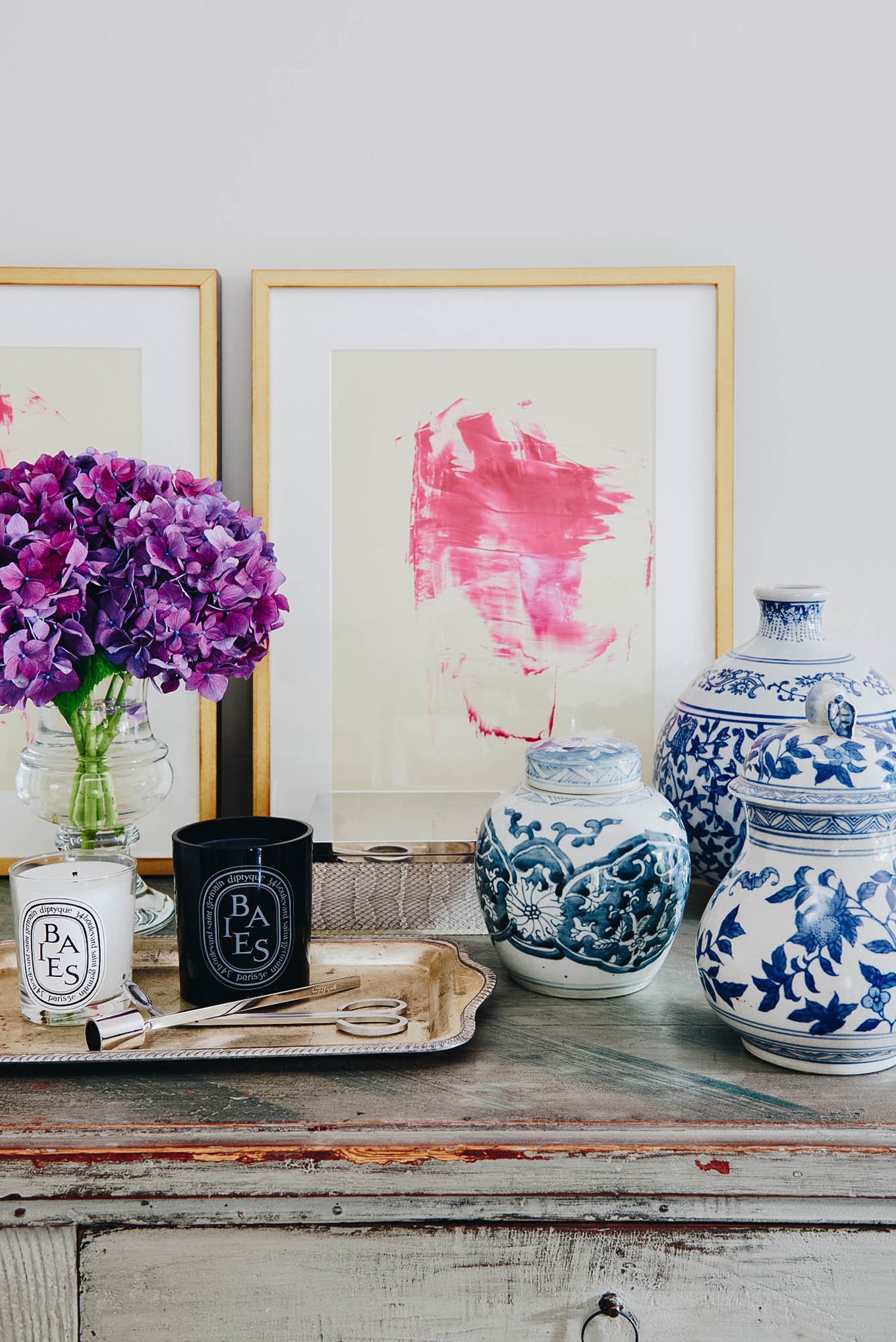 collected art, candles and blue and white jars | hacienda house tour on coco kelley