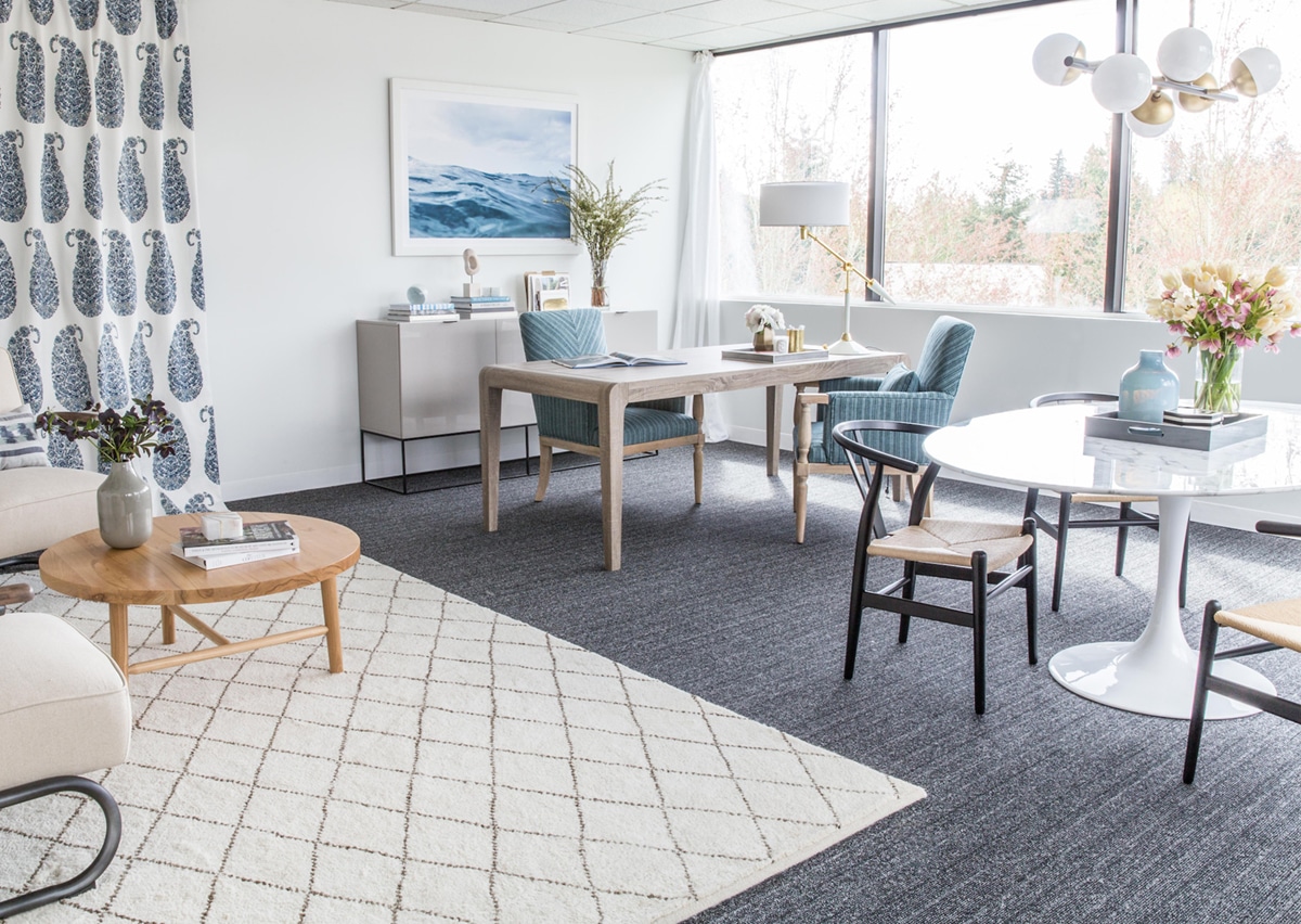 corporate office makeover creates a bright calm space in white and blue