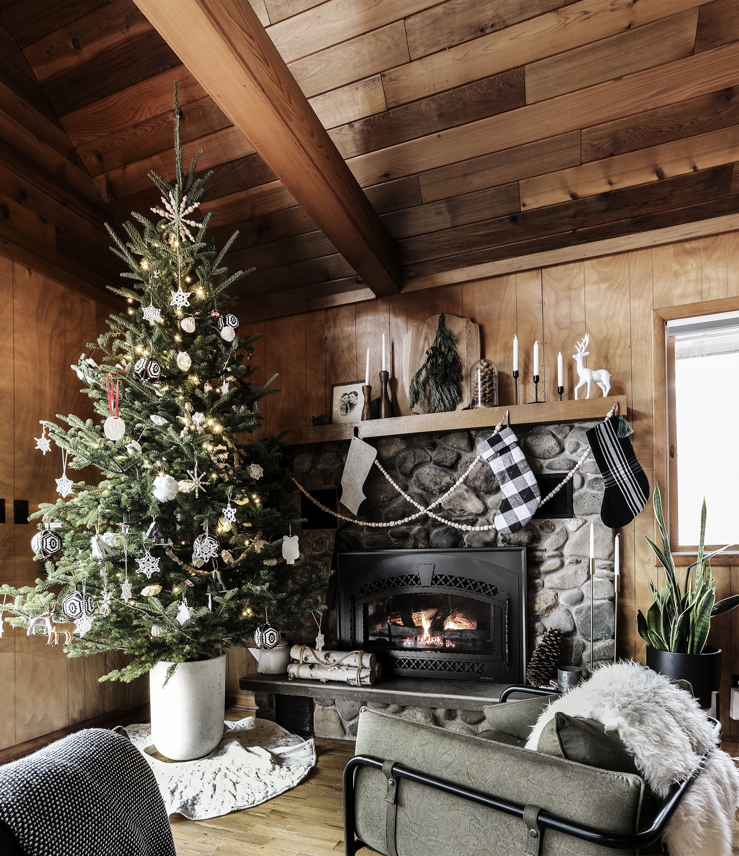 cozy winter cabin black and white christmas tree and mantel | holiday home decor ideas on coco kelley