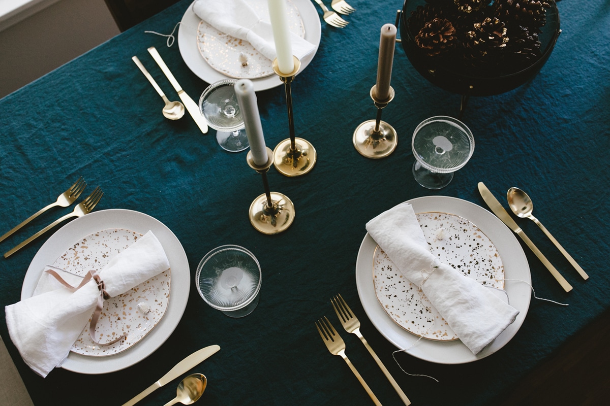 dark green teal tablecloth with pops of gold | holiday tabletop makeover on coco kelley