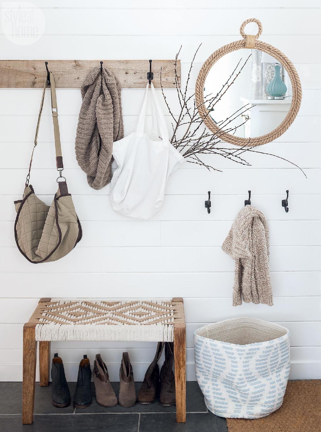 organized small entryway with high and low hooks | coco kelley