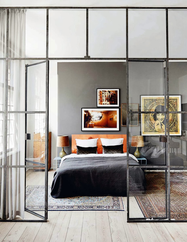windowed walls // grey bedroom