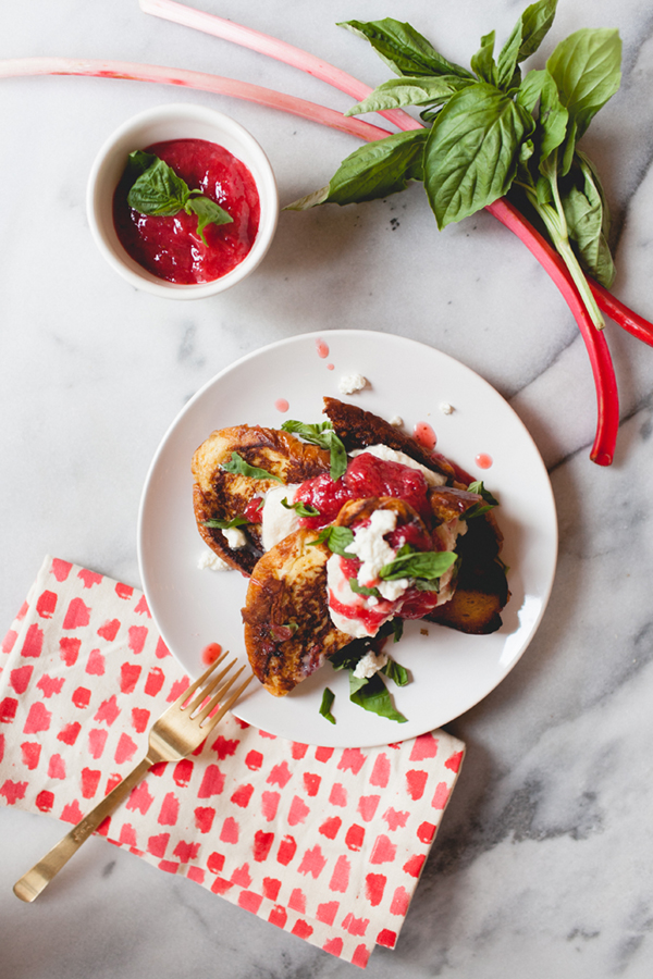 challah french toast with basil rhubarb compote and honey ricotta // via coco+kelley