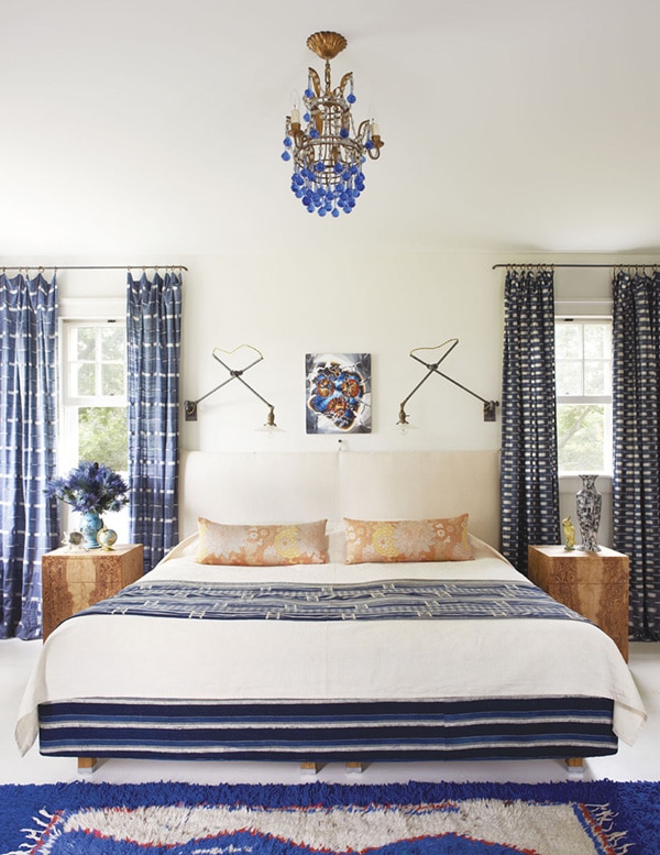 fresh blue and whites in this eclectic layered bedroom - refined boheme house tour via coco kelley