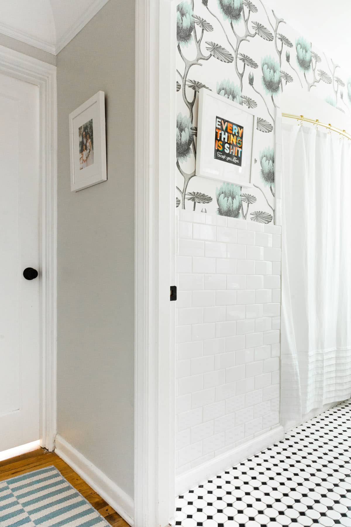 fun patterns mix in this mini hallway and bath makeover - coco kelley