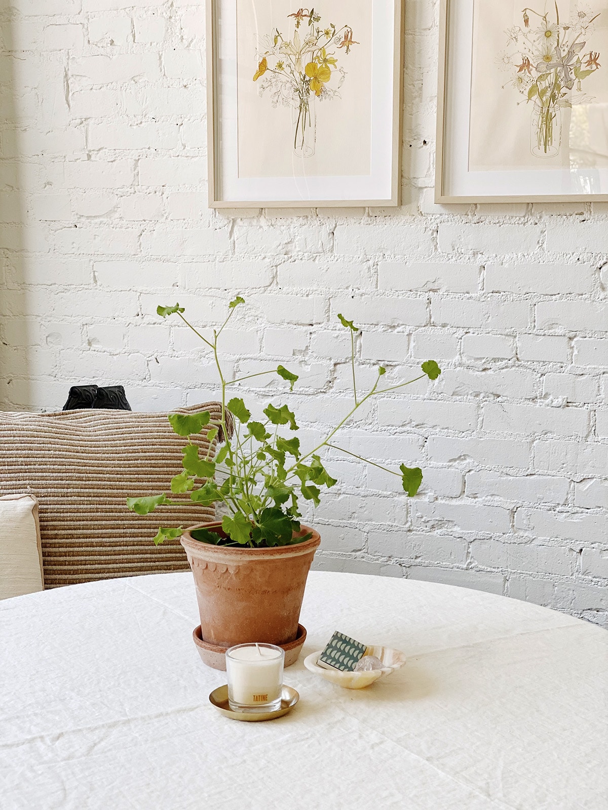 potted geranium tabletop and vintage art
