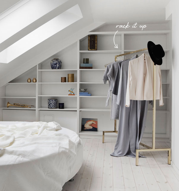 gorgeous brass clothing rack attic storage dressing room | coco+kelley