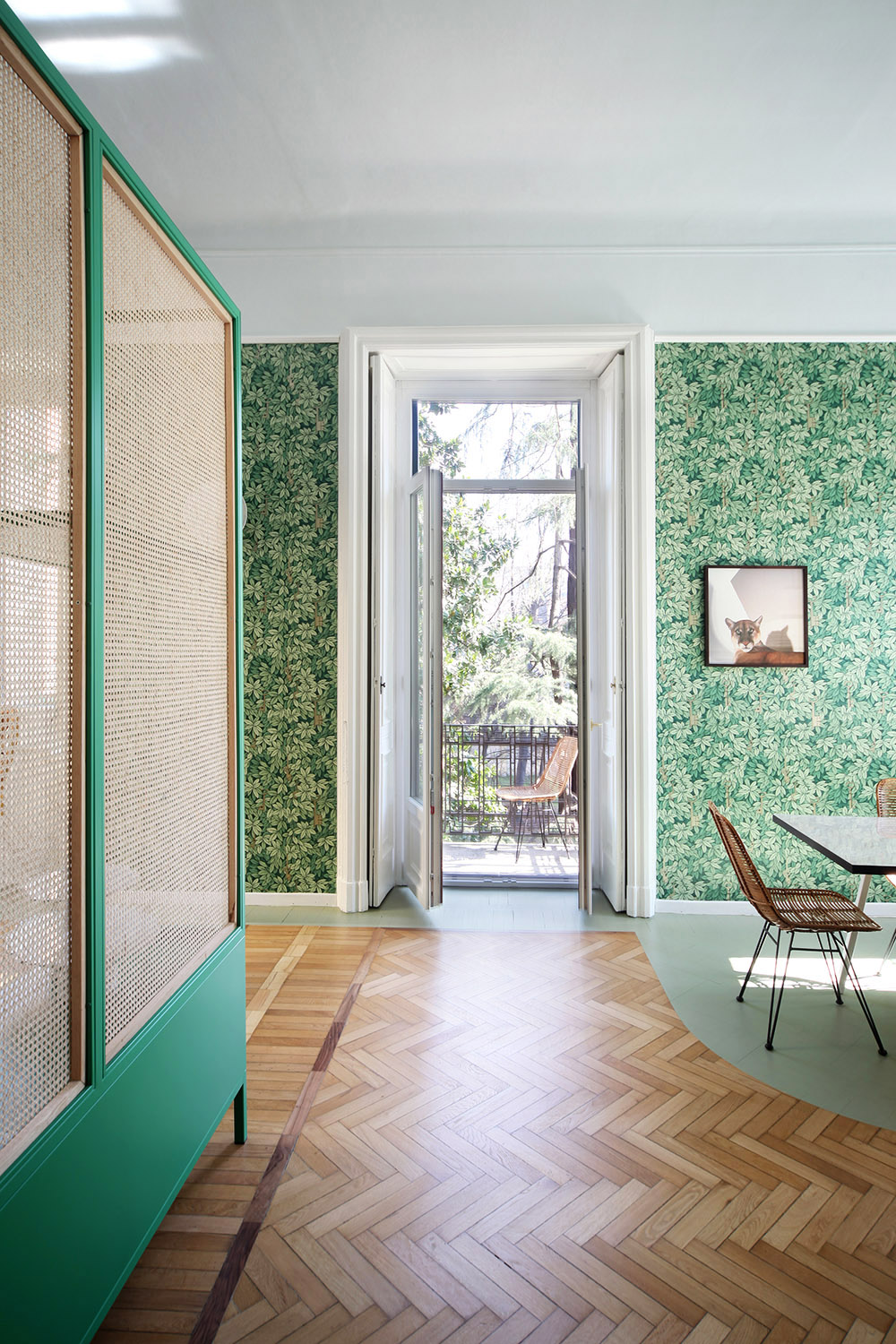 green cane screen creates a hallway with lush leaf wallpaper | room of the week on coco kelley