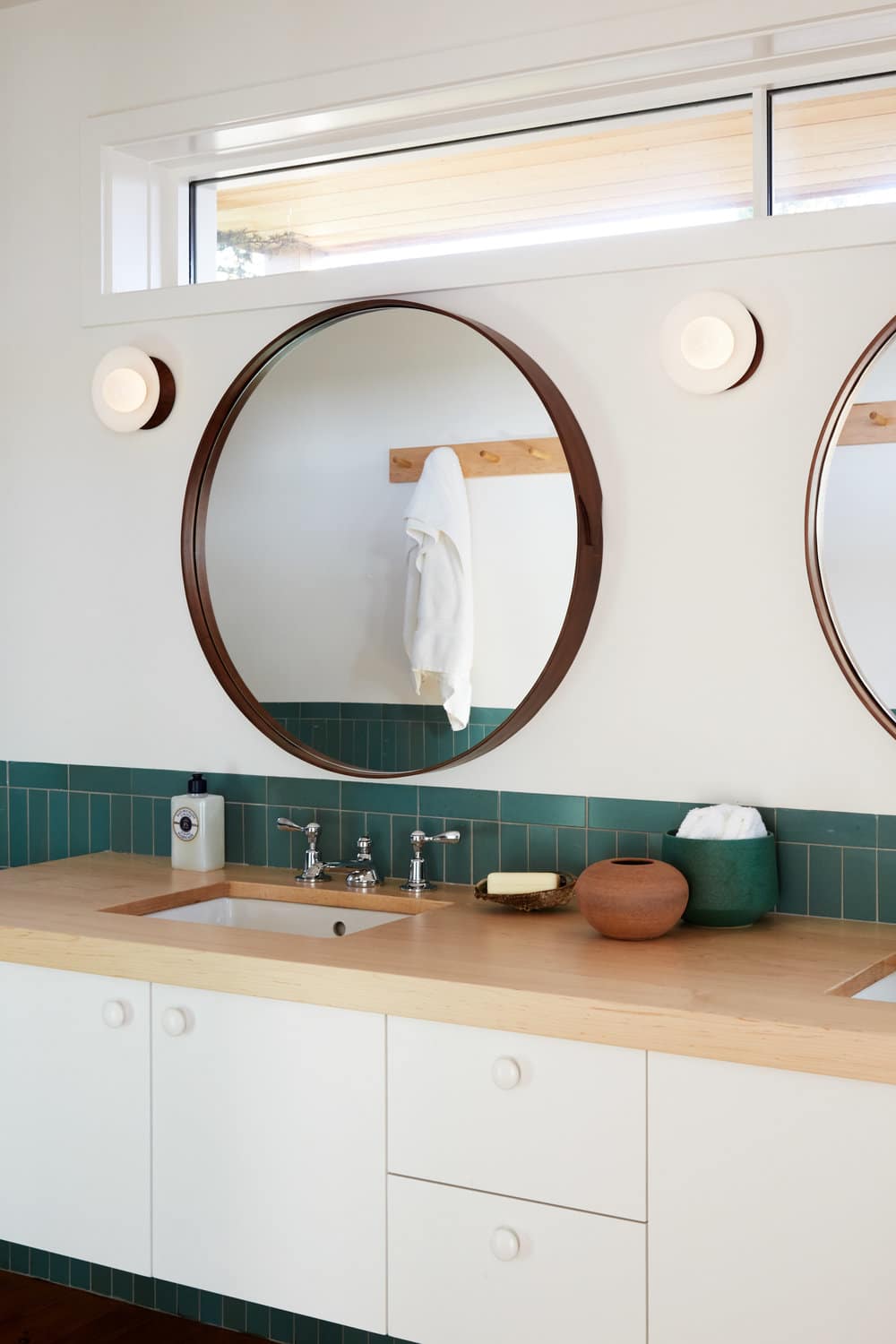 green tile accent in the master bath | modern shaker beach house tour on coco kelley
