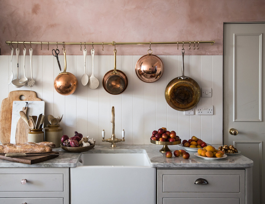 grey and pink kitchen with copper accents by jersey ice cream co | via coco kelley