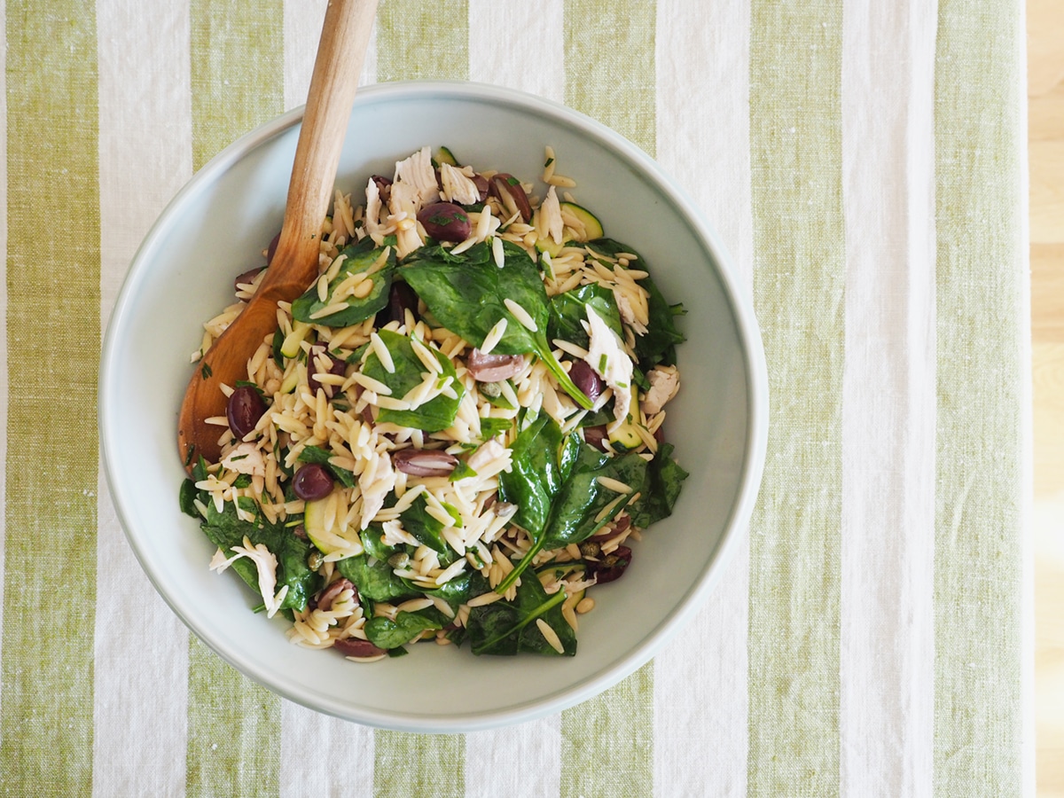 grilled chicken and orzo pasta salad recipe with spinach olives and pine nuts | coco kelley