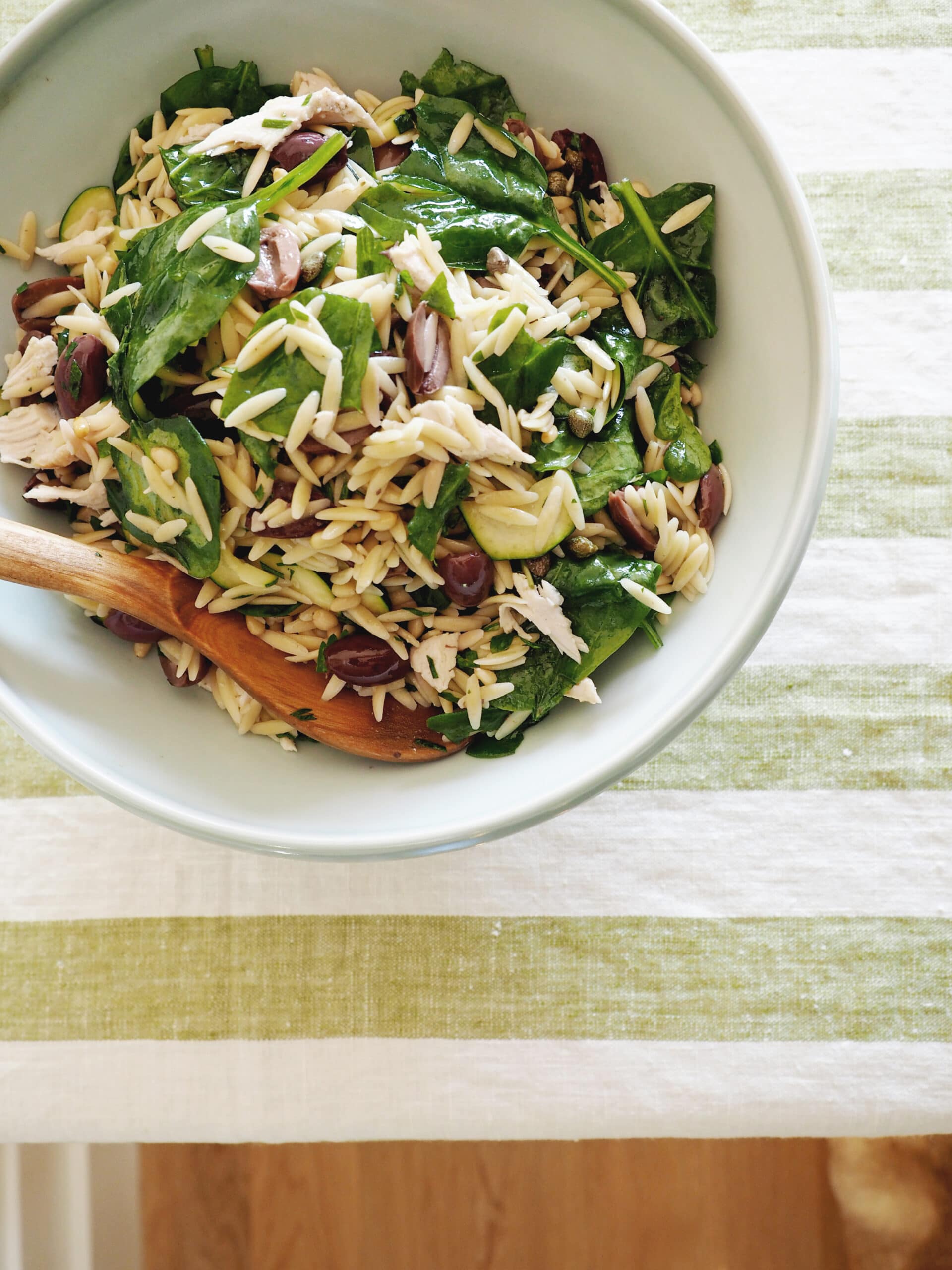 grilled chicken and orzo pasta salad recipe with spinach olives and pine nuts | coco kelley