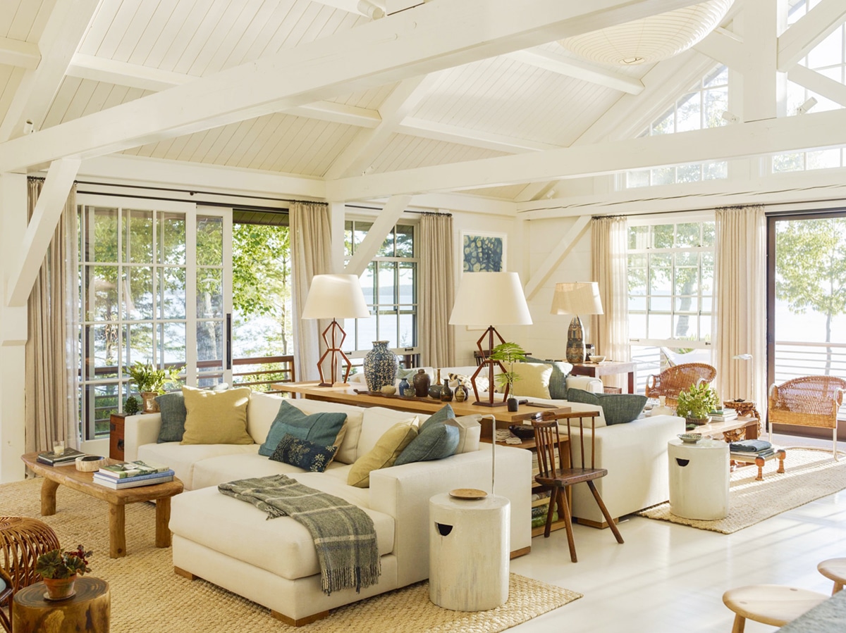 open plan living area in this cottage style home by the sea | design by gil schafer on coco kelley