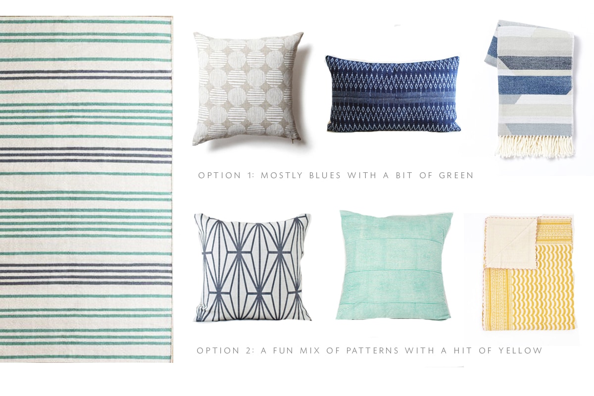 how to pair pillows with rugs for a fresh modern living room | emerald studio